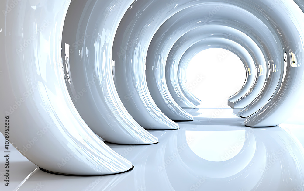 Fototapeta premium 3D illustration of circular white structure creating futuristic tunnel effect, showcasing smooth curves and reflections. design evokes sense of modernity and elegance