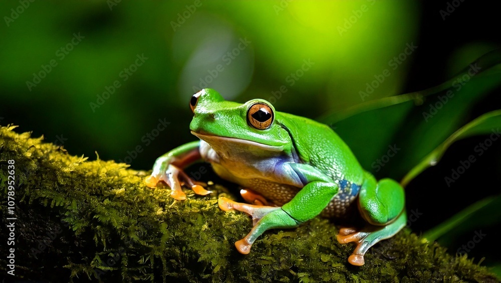 European green tree frog (Hyla arborea formerly Rana arborea) stalking prey in natural environment in forest European green tree frog (Hyla arborea formerly Rana arborea) stalking prey in natural environment in forest