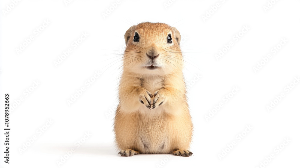 Animal front and look straight, Prairie dog standing upright, looking directly at viewer with curiosity. This adorable creature showcases its unique features and playful demeanor Animal front and look straight, Prairie dog standing upright, looking directly at viewer with curiosity. This adorable creature showcases its unique features and playful demeanor