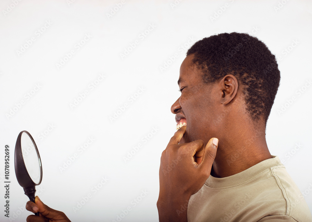 Young Man Looking at Mirror Against White Background Young Man Looking at Mirror Against White Background