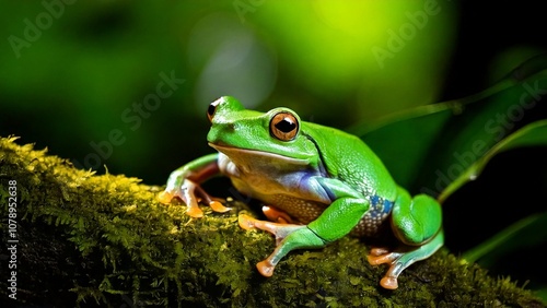 European green tree frog (Hyla arborea formerly Rana arborea) stalking prey in natural environment in forest