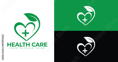 Modern healthcare logo featuring a heart symbol with a medical cross and leaf, representing wellness, care, and eco-friendly health services.
