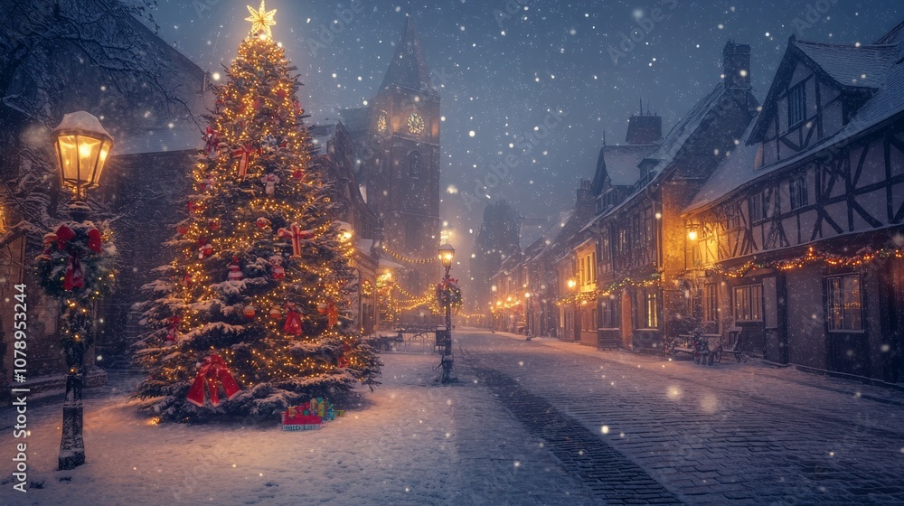 Enchanting snowy christmas scene with lit tree and historic village street Enchanting snowy christmas scene with lit tree and historic village street