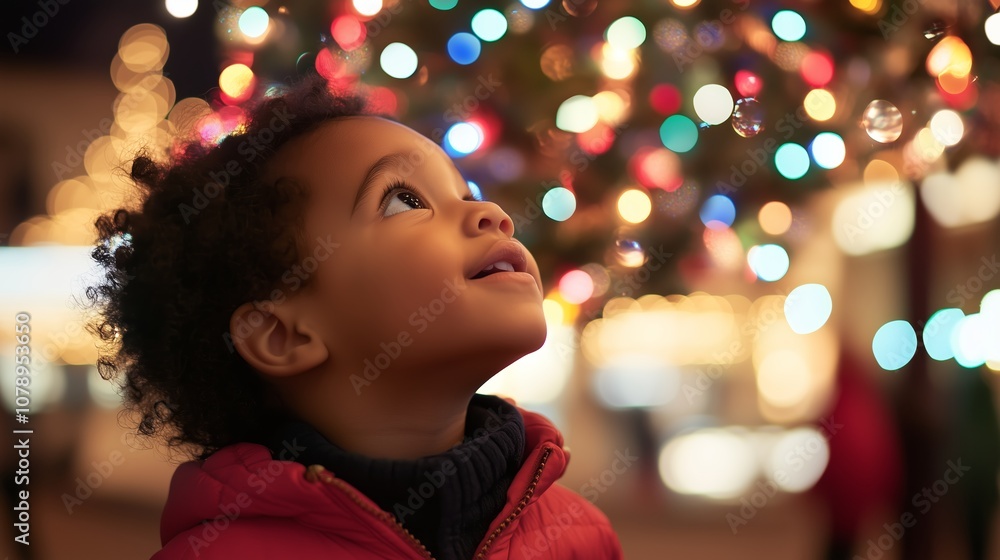 A young child looks up in awe at the colorful Christmas lights in the city A young child looks up in awe at the colorful Christmas lights in the city