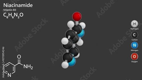Niacinamide. B3 vitamin. Animated 3D model of a molecule. Molecular formula: C6H6N2O. Chemical model: Ball and sticks. Gray background. 3D rendering. Seamless loop.