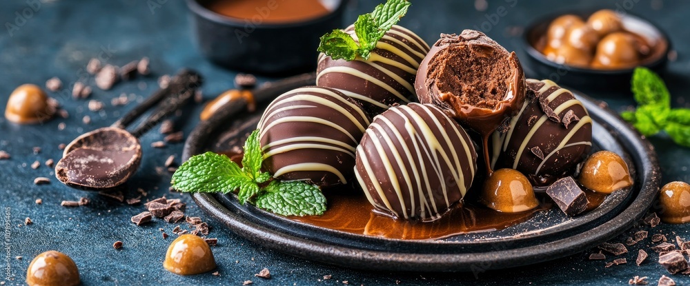 Gourmet Chocolate Truffles with Caramel Sauce and Mint Garnish Gourmet Chocolate Truffles with Caramel Sauce and Mint Garnish
