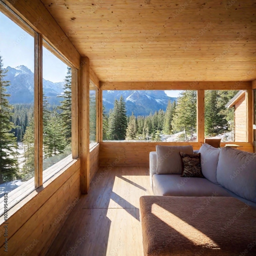 Fototapeta premium A serene photo of a wooden cabin with large windows, surrounded by mountains and trees, showcasing the connection between indoor and outdoor living