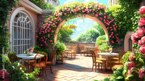 A cozy cafe patio with flower-covered archway, inviting tables, chairs, and lush greenery. it symbolizes a peaceful escape, fresh beginnings, and a charming atmosphere. Romantic. Illustration photo