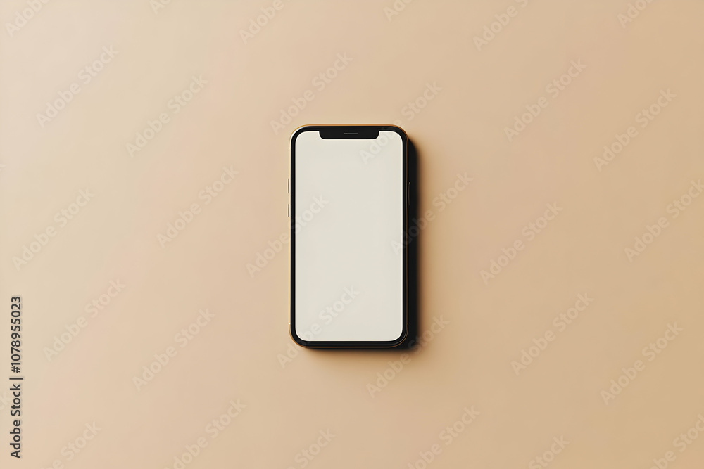A modern smartphone with a blank screen lies centered on a light brown background. A modern smartphone with a blank screen lies centered on a light brown background.