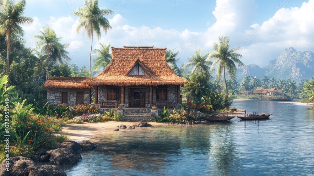 Tranquil tropical house by the water surrounded by lush greenery. Tranquil tropical house by the water surrounded by lush greenery.
