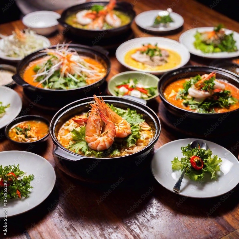 Steaming seafood dishes including shrimp and various side items neatly arranged on a wooden table Steaming seafood dishes including shrimp and various side items neatly arranged on a wooden table