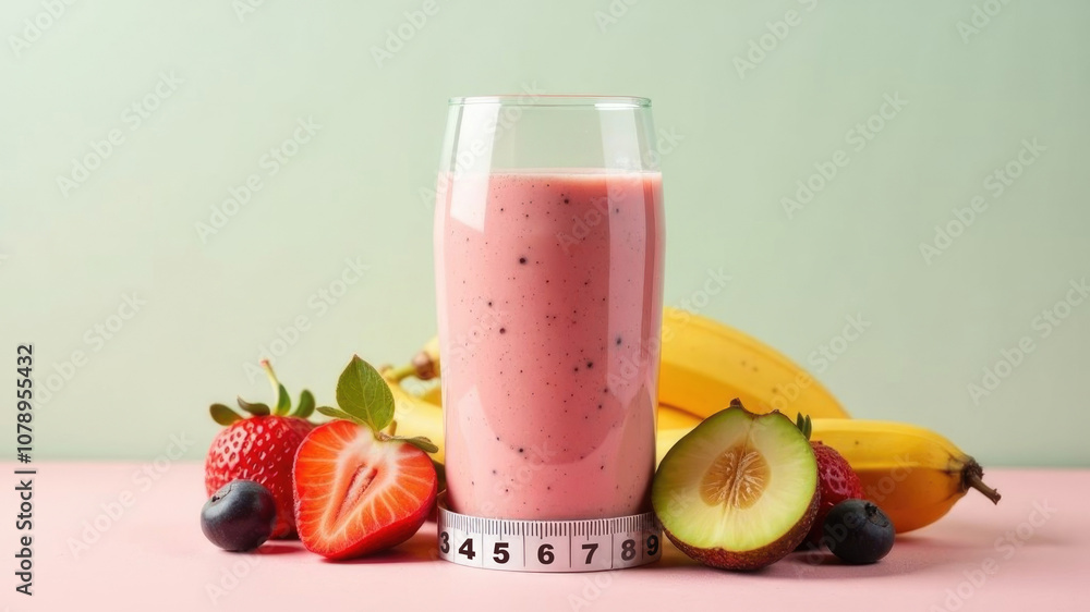 A healthy berry-banana smoothie with fresh fruit and diet roulette. Healthy lifestyle and weight control concept A healthy berry-banana smoothie with fresh fruit and diet roulette. Healthy lifestyle and weight control concept