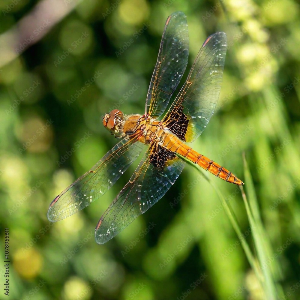 Extreme macro of a dragonfly perched on a reed, with its wings and the plant in focus. Extreme macro of a dragonfly perched on a reed, with its wings and the plant in focus.