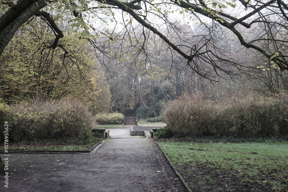 Deserted alley leading to stairway in a park during autumn Deserted alley leading to stairway in a park during autumn