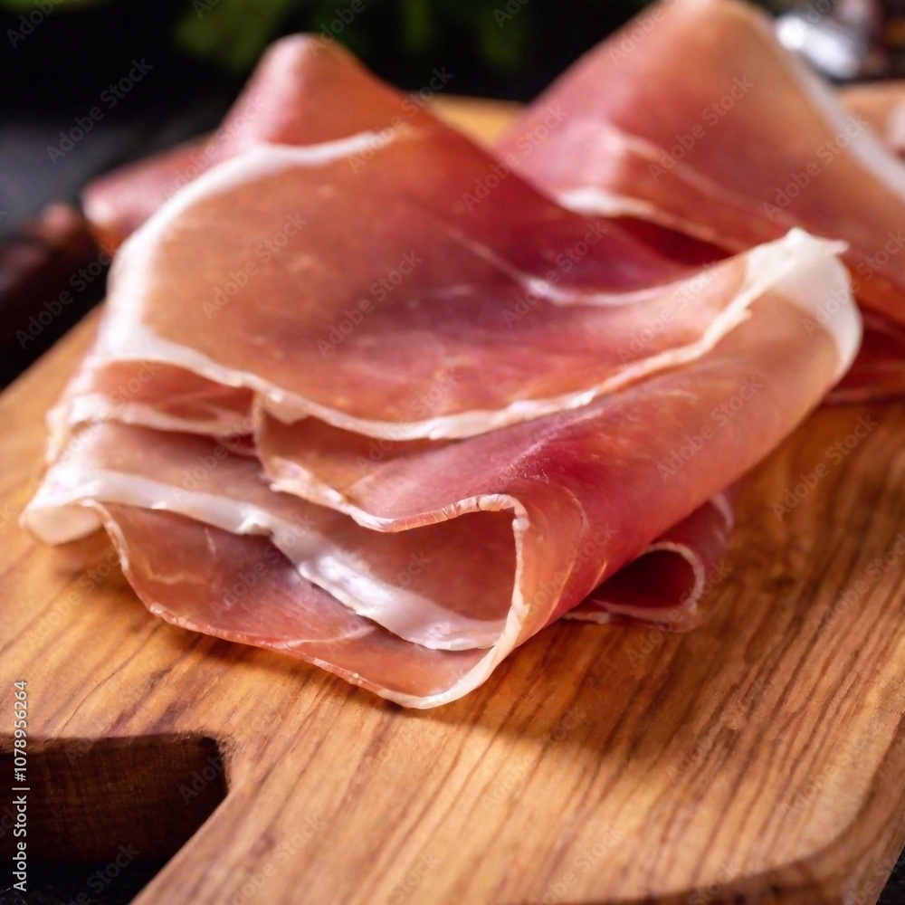 Macro shot of a slice of prosciutto with its thin, transparent layers. Macro shot of a slice of prosciutto with its thin, transparent layers.
