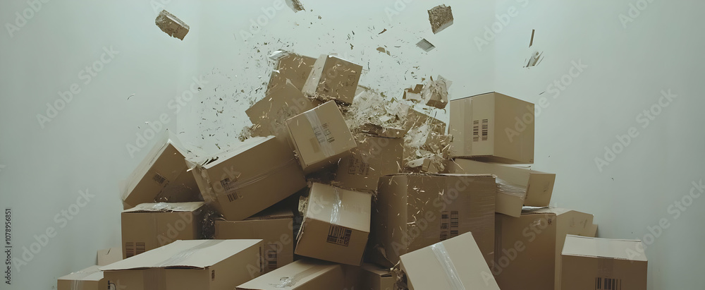 A pile of cardboard boxes explodes in mid-air, creating a chaotic and abstract scene. A pile of cardboard boxes explodes in mid-air, creating a chaotic and abstract scene.
