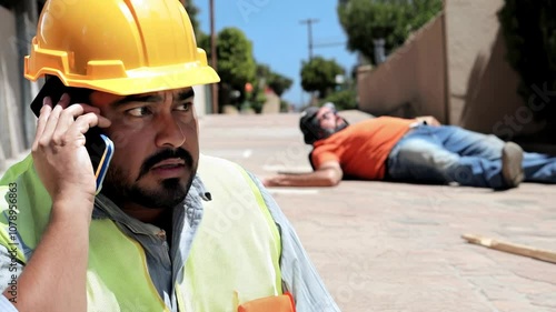 A construction worker in a hard hat urgently makes a phone call, with an injured coworker lying on the ground in the background.