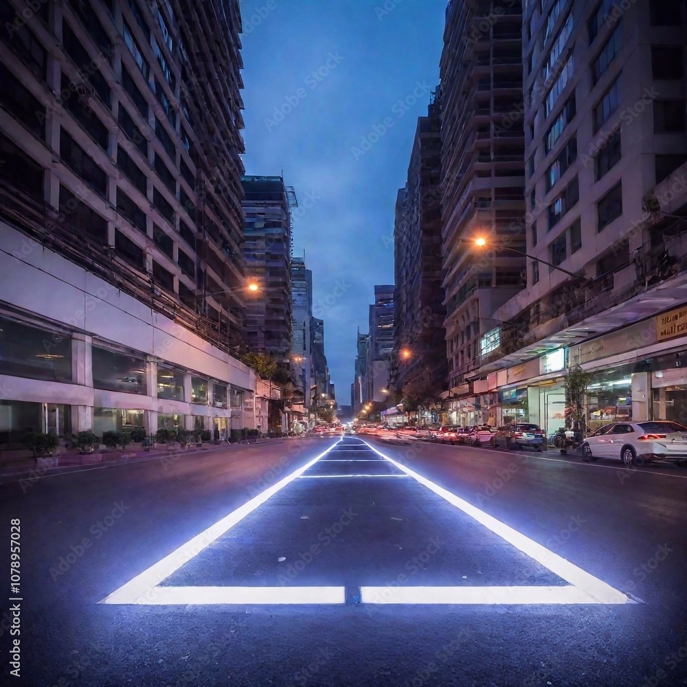 Fototapeta premium A neon-lit highway stretching through a dystopian city, surrounded by decaying skyscrapers, Medium Shot, Soft Focus, Eye Level Shot, photo