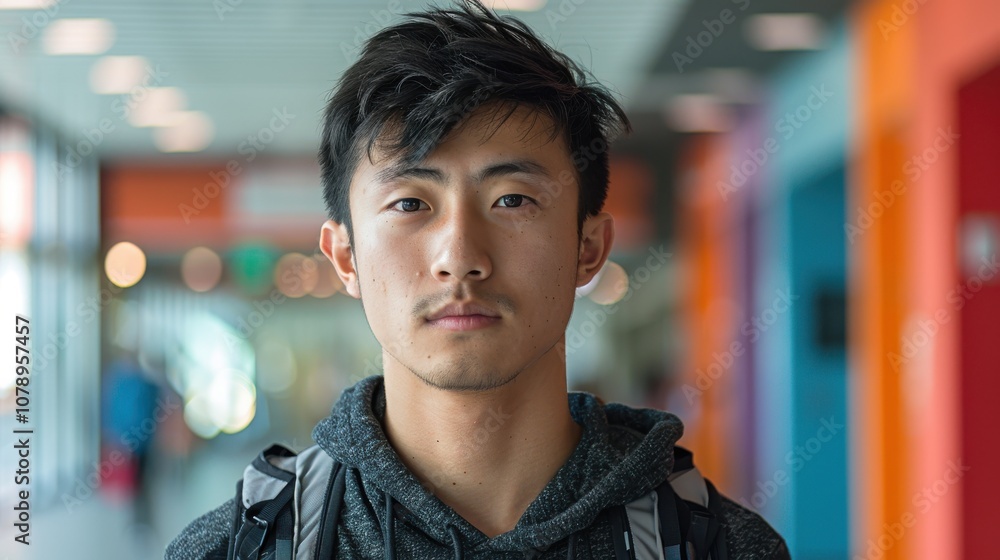A backdrop of diverse colors illuminates an Asian student's introspective expression, marking his educational achievements A backdrop of diverse colors illuminates an Asian student's introspective expression, marking his educational achievements