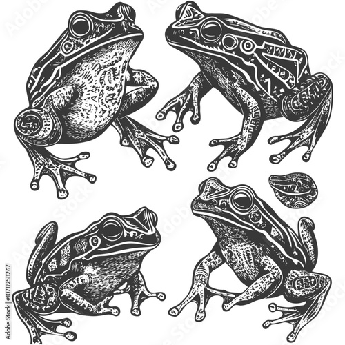 Four Detailed Black and White Illustrations of Frogs