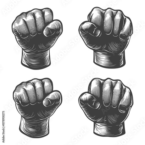 Four Detailed Engravings of Closed Fists