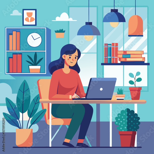 Illustration of a woman using a laptop in a bright home office setting, surrounded by plants, books, and modern decor.
