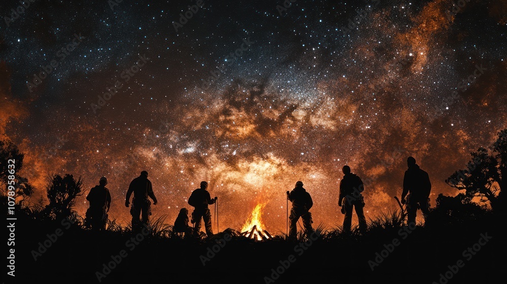 Silhouettes of five people standing around a campfire under a night sky with the Milky Way. Silhouettes of five people standing around a campfire under a night sky with the Milky Way.