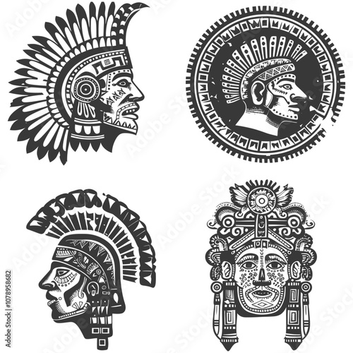 Four Black and White Aztec Warrior Head Illustrations