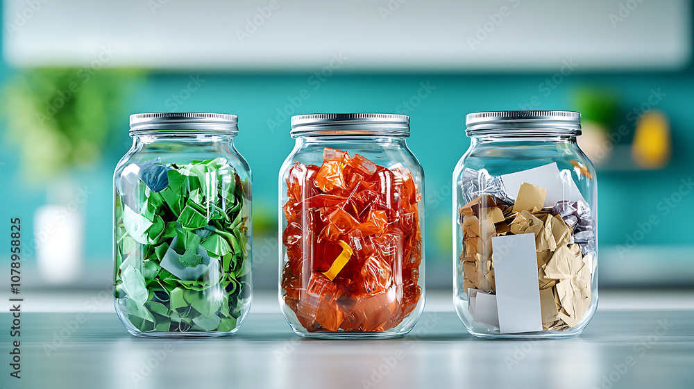 Organize your recycling clear jars filled with paper plastic and glass waste Organize your recycling clear jars filled with paper plastic and glass waste