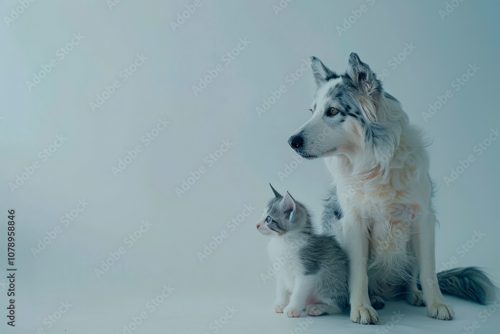 A white dog sits gracefully beside a curious gray kitten, both enjoying a peaceful moment in a light, minimalist environment with soft lighting