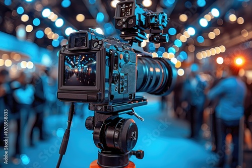 Professional Camera on Tripod with Bokeh Background