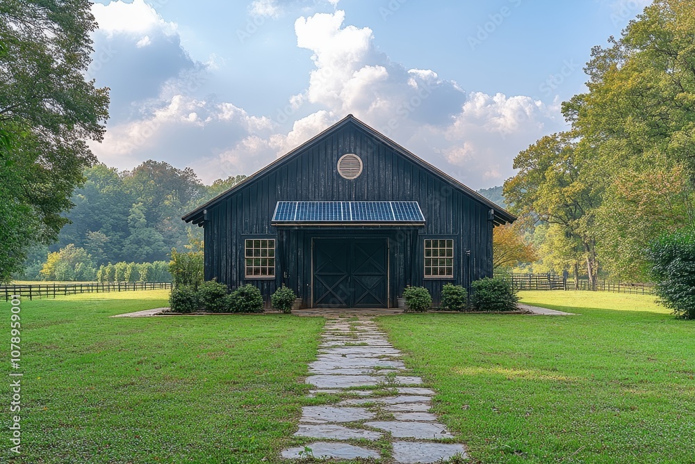 Obraz premium Aerial View of a Modern Cow Barn with Solar Panels, Green Field, and Blue Sky – Sustainable Farming and Solar Energy