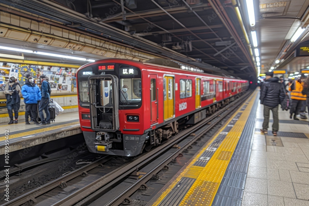 Red and Yellow Train Arriving at a Subway Station Platform Red and Yellow Train Arriving at a Subway Station Platform