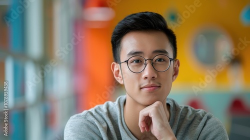 A backdrop of diverse colors illuminates an Asian student's introspective expression, marking his educational achievements