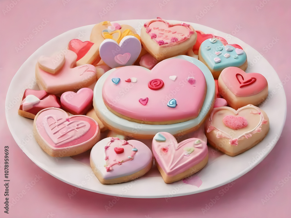 Valentine's Day Food Plate Icon with Heart-Shaped Cookies and Colorful Decorated Sweets. Valentine's Day Food Plate Icon with Heart-Shaped Cookies and Colorful Decorated Sweets.