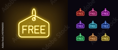 Outline neon free hangtag, icon set. Neon promo label with text Free, shopping advertisement. Free gift offer, bonus shopping, gratis prize, offer without payment, zero price cost. Vector icons