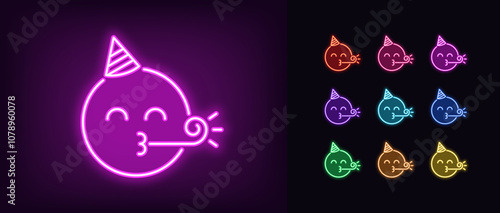 Outline neon birthday emoji, vector icon set. Glowing neon festive emoji with cone hat and party blower, birthday celebrate. Happy emoticon with whistle, birthday party, rejoice emotion, holiday mood