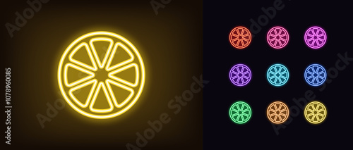 Outline neon lemon slice icon set. Glowing neon half lemon fruit, lime slice. Ripe citrus fruit, antioxidants, lemon garden, organic food, fruit diet, summer vitamins, health food. Vector icons