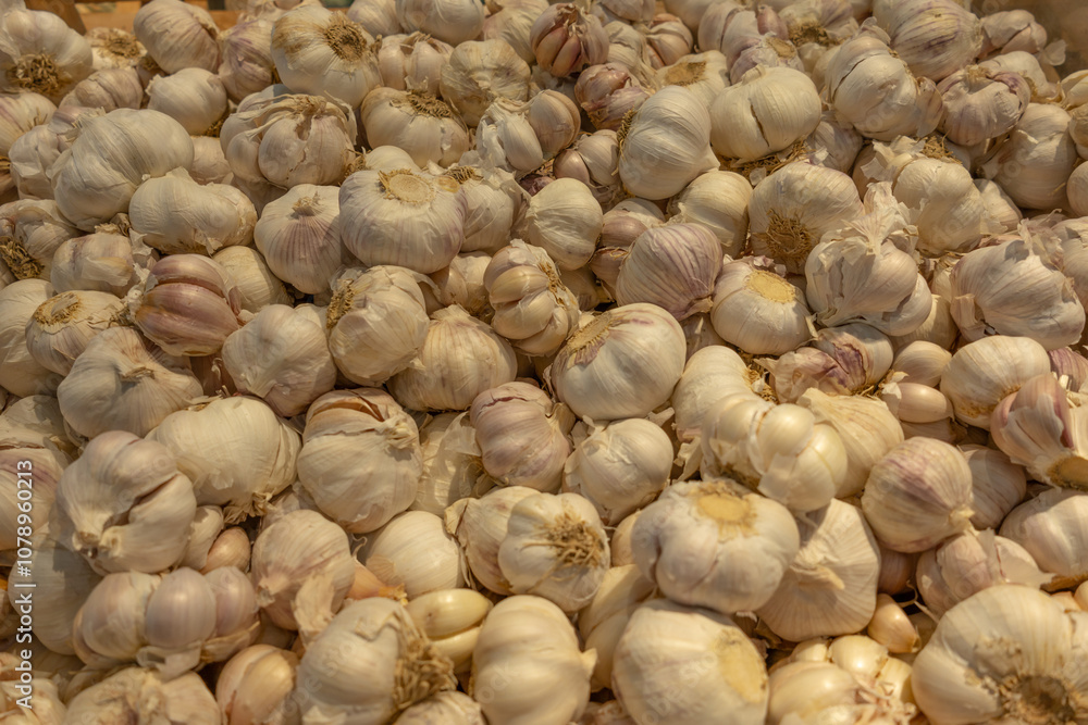Food backgrounds. Garlic on basket in supermarket. Texture food market