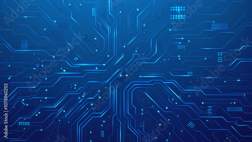 Futuristic vector illustration of a blue circuit board with intricate digital tech elements. Computer motherboard with a chip, processor, and semiconductor. Digital vector illustration