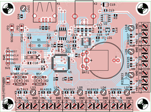 Vector printed circuit board of electronic 
device with components of radio elements, 
conductors and contact pads placed on pcb. Engineering technical educational drawing. Computer technic cad design