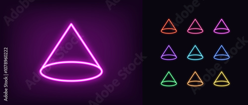 Outline neon cone icon set. Glowing neon isometric taper wireframe, conic shape, abstract geometric figure. Conic pyramid, cylindrical cone, conical wireframe structure, taper form. Vector icons