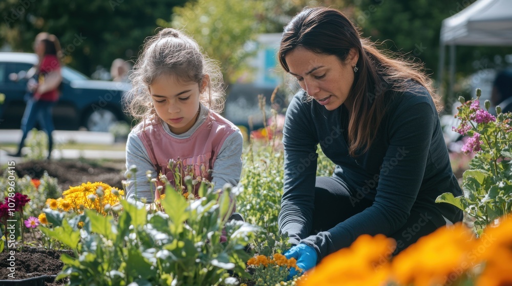 Mother and Daughter Planting Flowers in Garden Mother and Daughter Planting Flowers in Garden