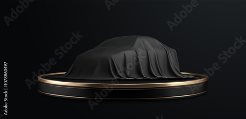Vector illustration of a luxury 3d car reveal scene, featuring a sleek black silk cover draped over a car on a modern pedestal. Perfect for concepts of product launches, luxury, and exclusivity.