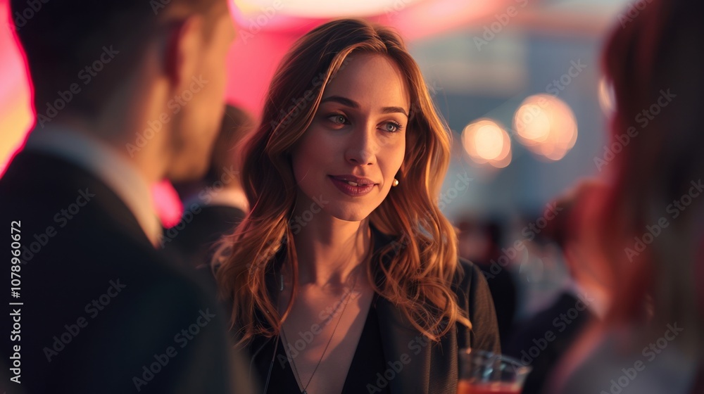 A businesswoman networking at a corporate gala, exchanging ideas with other professionals A businesswoman networking at a corporate gala, exchanging ideas with other professionals