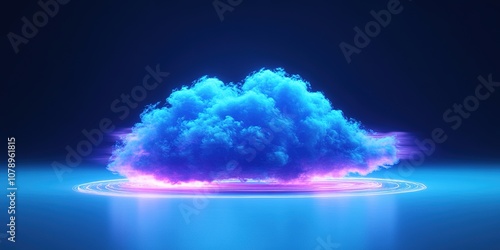 Abstract Marketing Background Featuring a 3D Rendered Soft Blue Cloud Surrounded by Neon Purple Light Against a Light Blue Gradient Background. This Realistic and High-Quality Design Element Captures 