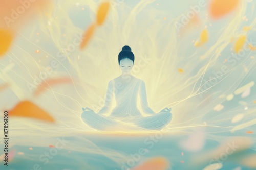 Wallpaper Mural Illustration of a serene figure meditating in lotus position, surrounded by soft flowing light and abstract petals Torontodigital.ca