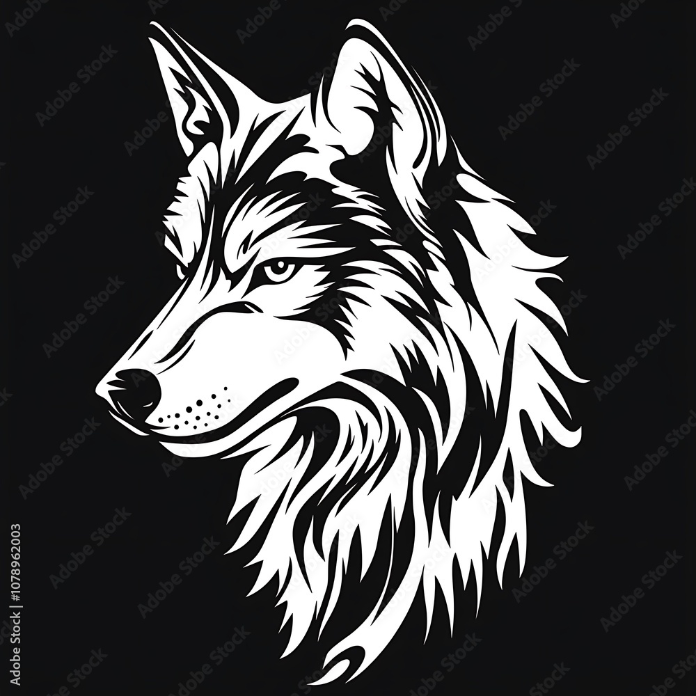 a black and white wolf head on a black background a black and white wolf head on a black background