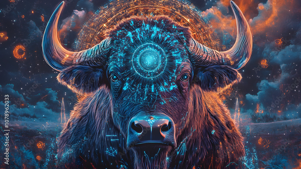 Obraz premium Neural network vision quest, holographic buffalo spirits, 4D mandala portals, quantum incense clouds, digital eclipse