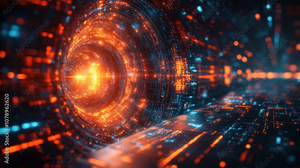 Abstract digital tunnel with glowing particles and data streams. Abstract digital tunnel with glowing particles and data streams.
